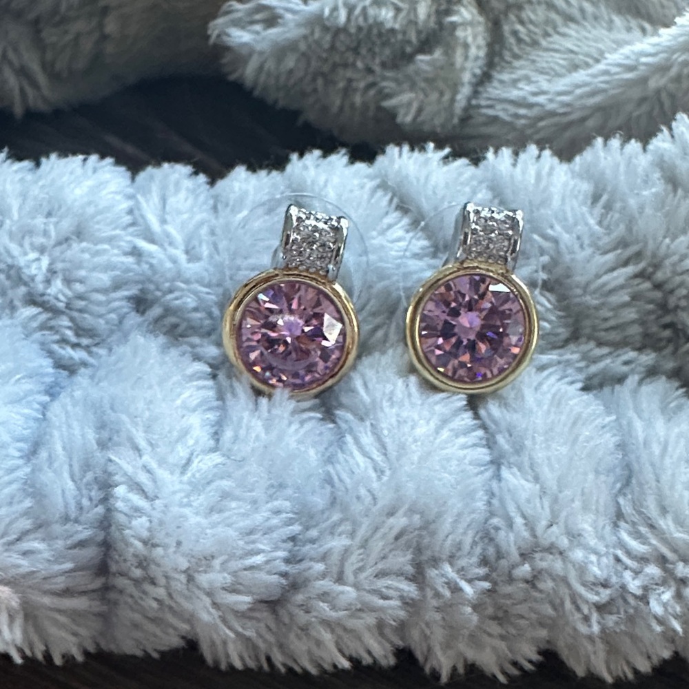 10Mm Two-Tone Bezel Set Pink Sapphire Color Earrings